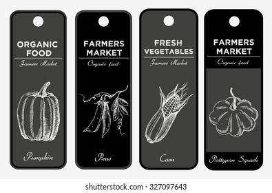 Set of hand drawn labels with vegetables. Pumpkin, peas, corn, pattypan squash. Can be used for vegan products, brochures, banner, restaurant menus, farmers market and packaging of organic food