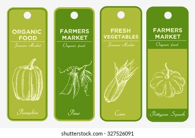 Set of hand drawn labels with vegetables. Pumpkin, peas, corn, pattypan squash. For vegan products, brochures, banner, restaurant menus, farmers market and packaging of organic food