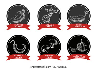 Set of  hand drawn labels with vegetables. Pepper, kohlrabi cucumber, chilli, mushrooms, garlic. for vegan products, brochures, web banner, restaurant menu, farmers market and organic food store
