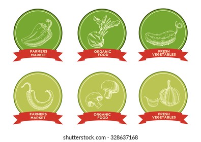 Set of  hand drawn labels with vegetables. Pepper, kohlrabi cucumber, chilli, mushrooms, garlic. for vegan products, brochures, web banner, restaurant menu, farmers market and organic food store