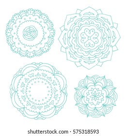 Set of hand drawn lace doilies. Vintage elements for design. Mandala, round ornament, vector illustration. Pastel colors