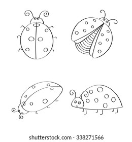 Set of hand drawn ladybugs. Outline. Vector collection of ladybirds. 