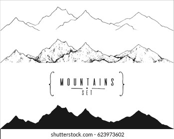 Set Of Hand Drawn Landscape With Mountain Peaks: Outline, Contour And Silhouette. Template For Your Design