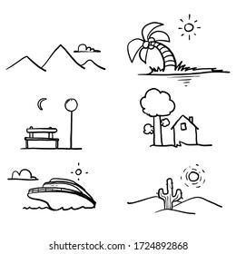 Set of hand drawn landscape related vector icon line design such as beach, desert, mountain, park and more. with doodle cartoon style