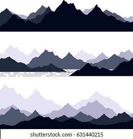 set of hand drawn landscape with silhouette  mountain peaks
