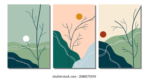 Legen Sie handgezeichnete Landschaftswandkunst, Grußkarten, Poster und Hintergrund. Die Moon- und Sonnendeck-Dekoration. Ästhetische Hausdekorationen Vektorgrafik.