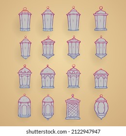 set of hand drawn lanterns. Illustration vector graphic. Design concept Ramadan vintage lanternwith HandDrawn Sketch style, Perfect for decoration holy month of muslim community, greeting card