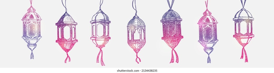 conjunto de linternas dibujadas a mano. Gráfico vectorial de ilustración. Concepto de diseño Lanternura vintage de Ramadán con estilo Esbozo HandDrawn, Perfecto para la decoración mes sagrado de la comunidad musulmana, tarjeta de saludo