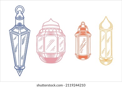 Conjunto de linternas dibujadas a mano para el elemento de ornamentos islámicos para ramadán aislado sobre fondo blanco en un estilo colorido.