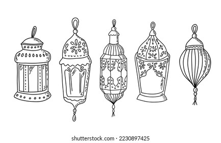 Set of hand drawn lanterns. Ramadan Kareem design elements. Vintage lanterns vector illustration.