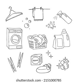 Set of hand drawn laundry objects: washing machine, detergent, soap, clotgepins, sprayer, bubbles isolated on white background vector illustration.