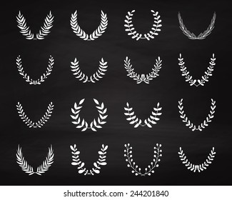 Set of hand drawn laurel wreaths on the chalkboard. Chalk elements for decor. Floral branches. Award, winning. Silhouette frames. Vector illustration.
