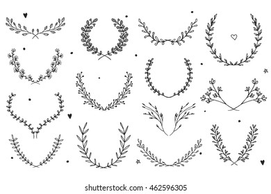 Set of hand drawn laurels. Vintage vector design elements.Ink illustration.