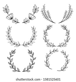 Set of Hand Drawn Laurels for Wedding invitation. Floral border. Floral Frame