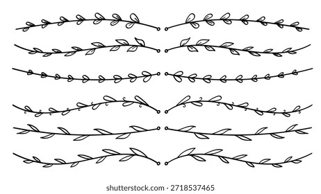 Conjunto de separadores de hojas dibujados a mano en blanco y negro.