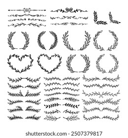 Set of hand drawn leaves, branches, flowers, flourishes. Design element for banner, sign, poster, decoration. Vector illustration