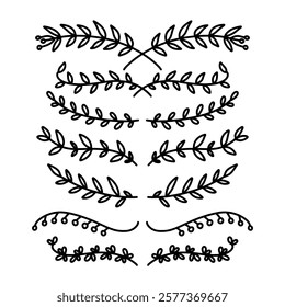 Set of hand drawn leaves, branches, flowers, flourishes. Design element for banner, sign, poster, decoration. Vector illustration