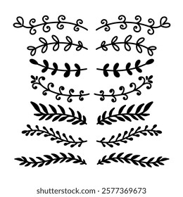 Set of hand drawn leaves, branches, flowers, flourishes. Design element for banner, sign, poster, decoration. Vector illustration