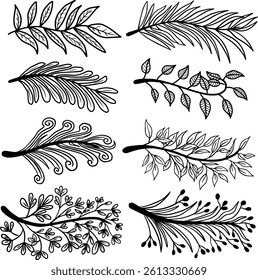 Set of hand drawn leaves collection of various trees, line art style, Leaf line art collection for coloring book, pattern, stickers. Vector contour leaves isolated on white background.