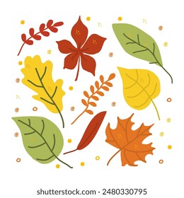 Satz von handgezeichneten Blättern. Süße verschiedene Herbstblätter.Vektorillustration.