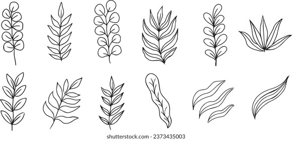 Set handgezeichnet Blätter Doodle-Stil, Sammlung botanische Vektorgrafik einzeln auf weißem Hintergrund geeignet für Hochzeitseinladung, speichern Sie das Datum, danke oder Grußkarte