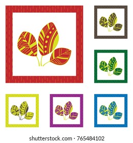 Set of hand drawn leaves in frame. Scandinavian style with pop art colors. Trendy Graphic Design of foliage for banner, poster, card, cover, invitation, placard, brochure, header, t-shirt print.