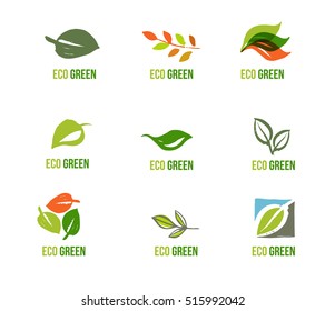 Set of hand drawn leaves logos, green leaf, sketches and doodles of leaf and plants, green leaves vector collection