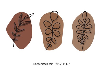 Set of hand drawn leaves on abstract color blurs. Doodle style. Floral elements foe web, decor, greeting cards, invitationsm logo design.