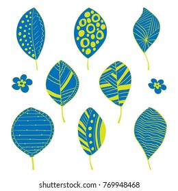 Set of hand drawn leaves in Scandinavian style with pop art blue and yellow colors. Trendy Graphic Design in vector. Composition of foliage for banner, poster, card, cover, invitation, t-shirt print.