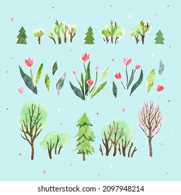 Set hand drawn leaves, trees, firs and flowers. Spring collection. Cute collection of design elements, isolated on blue background