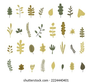 Set of hand drawn leaves, twig and branches on a white background. Big clipart doodle ornamental plants of the forest, park, grove, cute decorative elements. Vector flat botanical illustration, nature