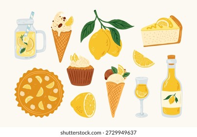 Conjunto de postres de limón dibujados a mano, pastel, cupcake, helado, pastel de queso, limoncello, Ilustración vectorial de limonada. Dibujos animados de comida y bebida dulce italiana.
