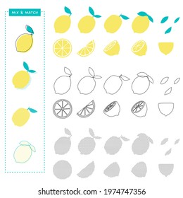 Set of hand drawn lemons design elements. Mix and match solid colored, line arts, and polka dot textured lemons for your design.