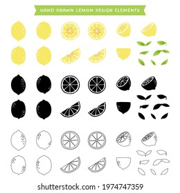 Set of hand drawn lemons design elements. Colored, black and white, line art lemons. Isolated on white background.