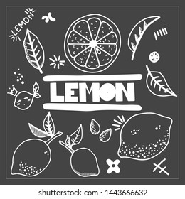 Set of hand drawn lemons, leaves, symbols and text. Healthy and fresh citrus set on black background. Vector illustration. For digital advertisement, presentations, posters, brochure and prints.