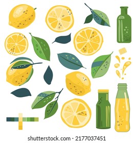 Set with hand drawn lemons, leaves, juice bottles and splashes. Make your own design. Clip art with citrus. Fruits bundle. Vector illustration.