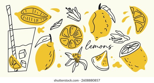 Set of hand drawn lemons and lemon slices,lemonade. Tropical fruit doodles in sketch style. Perfect for summer designs, water, juice, and detox drink themes. Vector illustration.