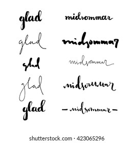 set of hand drawn lettered signs in swedish language "glad midsummer", perfect for greeting card

