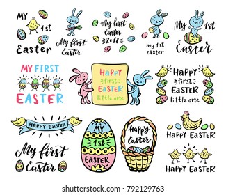 Set of hand drawn lettering about easter with cute animals.My First Easter,Happy Easter.