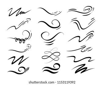 Set of hand drawn lettering and calligraphy swirls, squiggles. Vector ink decorations for composition