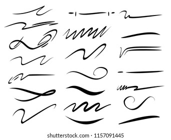 Set of hand drawn lettering and calligraphy swirls, squiggles. Vector ink decorations for composition