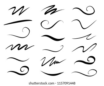 Set of hand drawn lettering and calligraphy swirls, squiggles. Vector ink decorations for composition