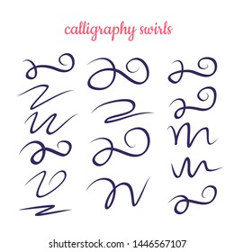 Set of hand drawn lettering and calligraphy swirls, squiggles. Vector ink decorations for composition