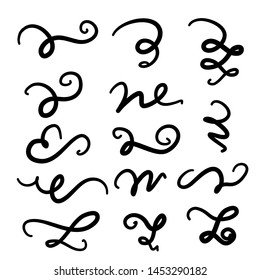 Set of hand drawn lettering and calligraphy swirls, squiggles. Vector ink decorations for composition