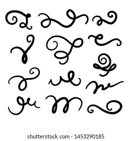 Set of hand drawn lettering and calligraphy swirls, squiggles. Vector ink decorations for composition