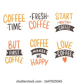 Set of hand drawn lettering coffee slogans for stickers, print, packaging. Coffee typographic words.