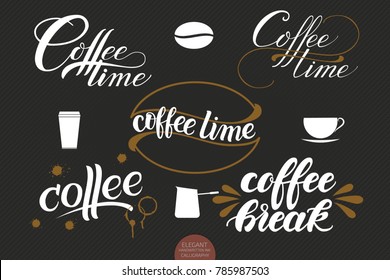 Set of hand drawn lettering Coffee with stains . Elegant modern handwritten calligraphy. Vector Ink illustration. Typography poster on dark background. For cards, invitations, prints etc