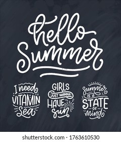 Juego con composiciones de letras dibujadas a mano sobre el verano. Divertidos lemas de temporada. Citas aisladas de caligrafía para agencia de viajes, fiesta en la playa. Gran diseño para banner, postcard, print o afiche. Vector