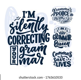 Mit handgezeichneten Schriftzeichen über Grammar. Sonnige Slogans. Isolierte Kalligrafieziffern. Großartiges Design für Buchcover, Postkarte, T-Shirt-Druck oder Poster. Vektorgrafik