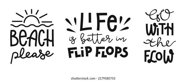 Set of hand drawn lettering compositions about beach and summer. Funny vector season slogans. Isolated calligraphy quotes for travel agency, beach party. - Shutterstock ID 2179585755